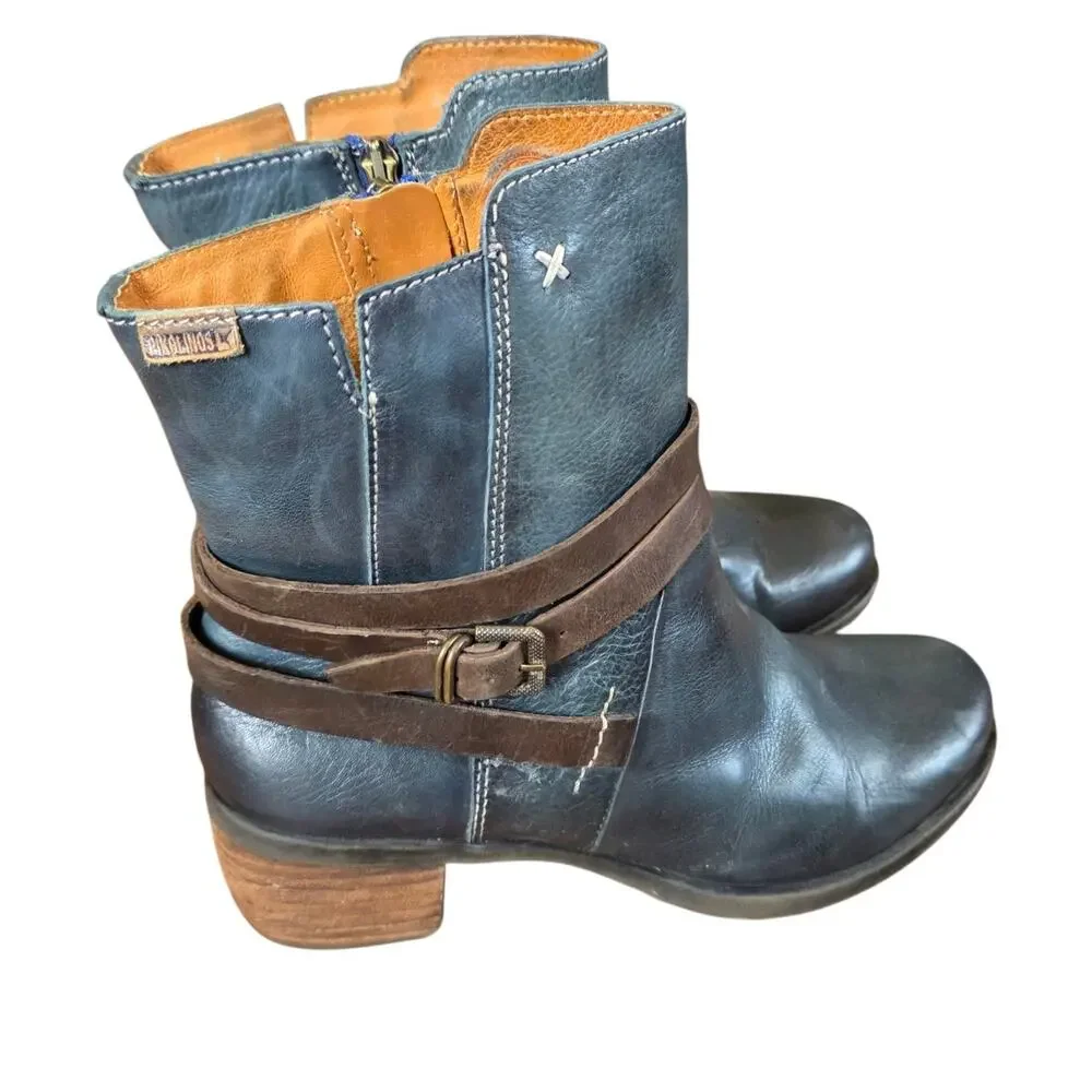 Pikolinos Le Mans Blue Green Petrol Teal Leather Mid Strap Ankle Boots 39